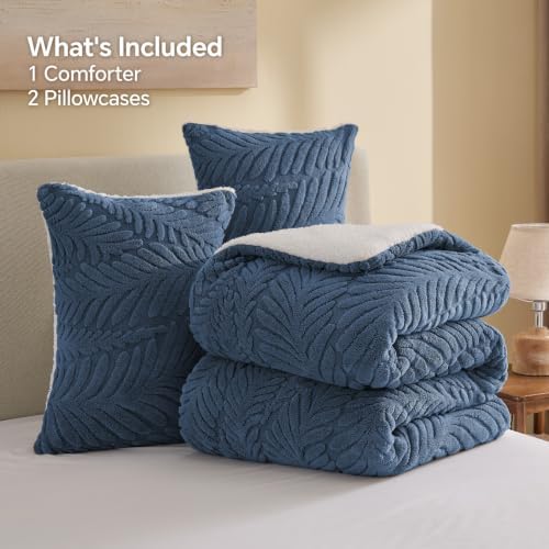BEDELITE Fluffy Sherpa Queen Comforter Set,Leaf-Navy