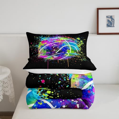 Basketball Comforter Set Queen Size,Watercolor Tie-dye Bedding Set Kids Young Man,Color Graffiti Hip Hop Style Comforter for Teen Child Room Decor,Sport Gaming Quilted Duvet Set with 2 Pillowcase