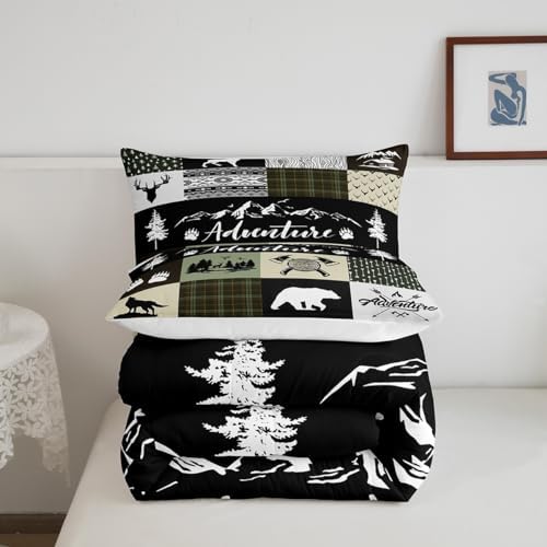 Castle Fairy Deer Antlers Comforter Set Twin Size,Bear Pine Arrow Hunting Adventure Bedding Set for Kids Boys Men,Camper Retro Green Plaid Checkered Quilted Duvet Set with 1 Pillowcase