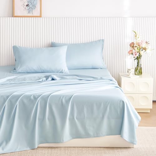 Wake In Cloud - Floral Comforter Set with Sheets, Coquette Cottagecore Aesthetic Flower Shabby Chic Pattern for Women Teen Girls, 7 Pieces Bed in a Bag, Light Blue, Full Size