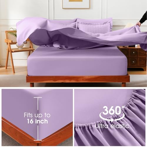 FreshCulture Comforter Set Seersucker 7 Pieces, All Season Bedding Set Queen, Bed in a Bag Comforter Set with 1 Comforter, 1 Flat Sheet, 1 Fitted Sheet, 2 Pillowcases and 2 Pillow Shams, Purple