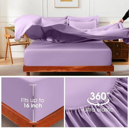FreshCulture Comforter Set Seersucker 7 Pieces, All Season Bedding Set Queen, Bed in a Bag Comforter Set with 1 Comforter, 1 Flat Sheet, 1 Fitted Sheet, 2 Pillowcases and 2 Pillow Shams, Purple