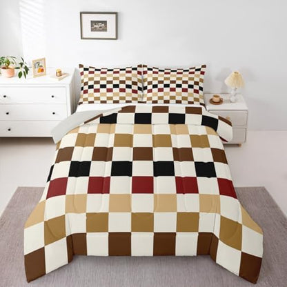 Checkered Geometric Bedding Set for Boys Girls Brown Red Black Plaid Comforter Set Toddler Size Checkerboard Modern Aesthetic Duvet Quilt Reversible Grey Bedroom Decor 2 Pcs with 1 Pillow Cases