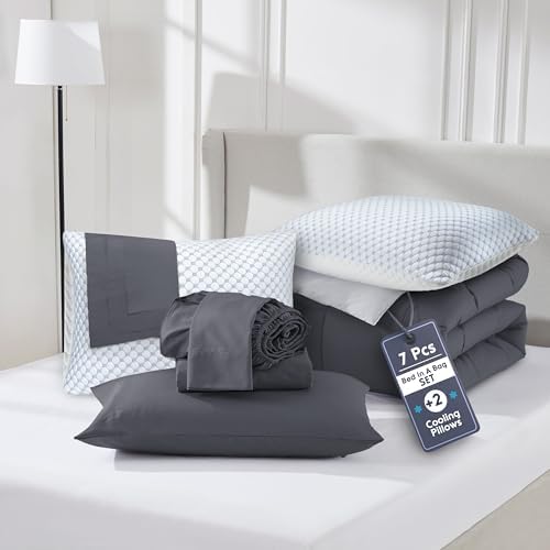 Nestl 7 Piece Twin XL Comforter Set – Dark Grey Reversible Bed in a Bag – Complete Twin XL Size Bedding Set with Sheets, Set of 2 Cooling Pillows, Pillowcase and Sham