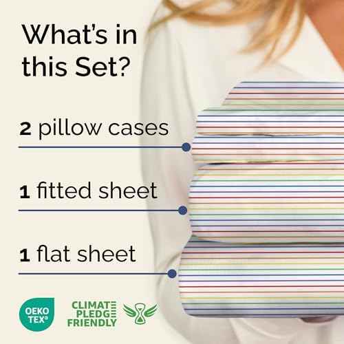 Full 4 Piece Striped Sheet Set - Breathable & Cooling - Rainbow Stripe