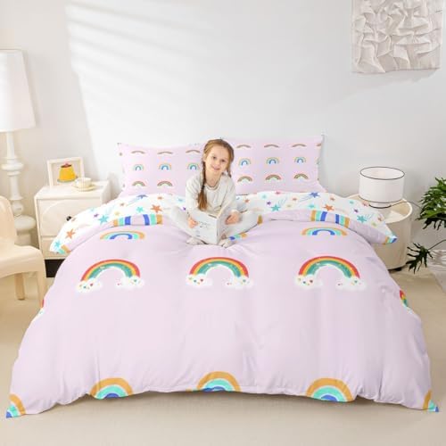 Rainbow Kids Bedding Set King Carton Pattern Girls Children Duvet Cover 3 Pieces Soft Microfiber Cute Rainbow Pattern Comforter Cover Set For Boys Girls Teen Reversible Bedding Set With Zipper Ties