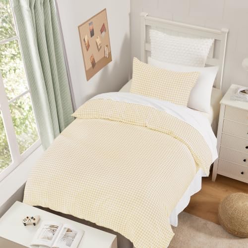 Andency Gingham Duvet Cover Twin Size, Yellow Checkered Plaid Bedding Set with Zipper Closure & Corner Ties, 2 Pieces Soft Prewashed Microfiber Comforter Cover for Dorm Kids