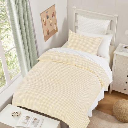 Andency Gingham Duvet Cover Twin Size, Yellow Checkered Plaid Bedding Set with Zipper Closure & Corner Ties, 2 Pieces Soft Prewashed Microfiber Comforter Cover for Dorm Kids