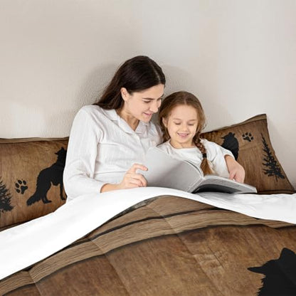 Manfei Wolf Kids Comforter Set Queen Size, Wild Animal Down Comforter, Rustic Farmhosue Brown Wooden Plank Bedding Set for Boys Teens Adults Room Decor, Lightweight Duvet Insert, 2 Pillowcases