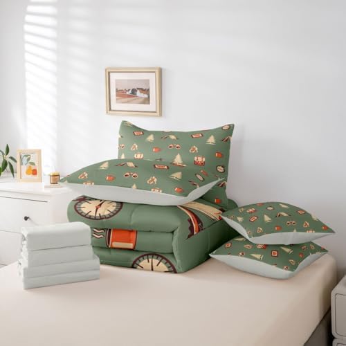 Camper Adventure Theme 7 Pieces Bedding Set Twin Size,Happy Camping Bed in a Bag,Cartoon Tent Travel Bag Bed Set Includes Comforter,Sheet Set,Pillowcases & Pillow Covers,Camping Lover Bedroom Decor