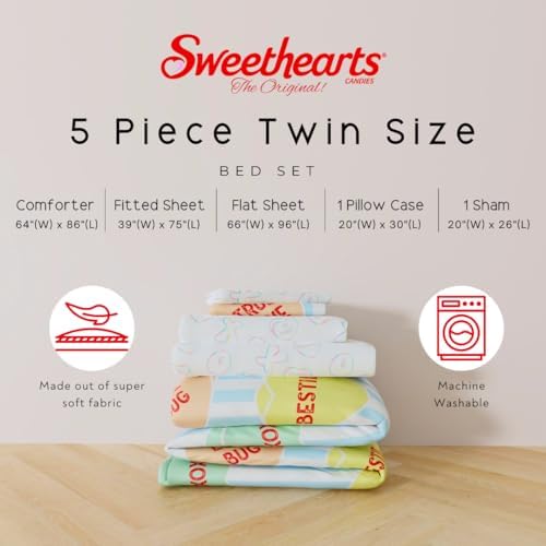 Sweethearts Original Candy Hearts Bedding 5 Piece Twin Bed Set, Soft Cozy Nostalgia Reversible Comforter and Sheet Set with Sham, Officially Licensed Product By Franco
