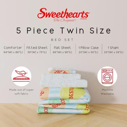 Sweethearts Original Candy Hearts Bedding 5 Piece Twin Bed Set, Soft Cozy Nostalgia Reversible Comforter and Sheet Set with Sham, Officially Licensed Product By Franco