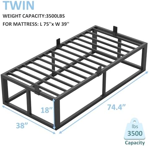 Bilily 18 Inch Twin Bed Frame with Steel Slat Support,Heavy Duty Metal Platform Bed Frame Twin Size Mattress Foundation,No Box Spring Needed,Easy Assembly,Noise Free,Black