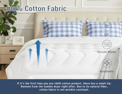 Pillow Cases 100% Cotton Percale King Size Set of 2, Blue Plaid