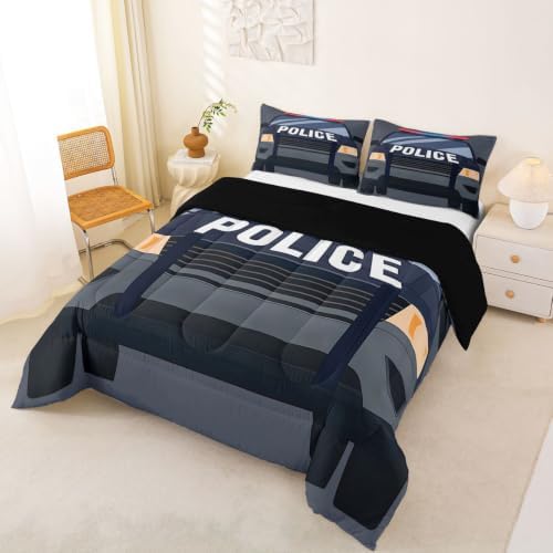 Feelyou Police Car Comforter Set King Size Automobile Bedding Set for Kids Boys Girls Policeman Vehicle Duvet Quilt Bedroom Decor Microfiber 3 Pcs with 2 Pillow Cases