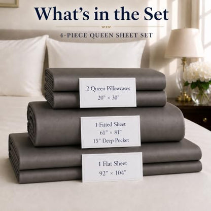 800TC Queen Sheet Set, Luxury 15" Deep Pocket Queen Sheets - Granite Grey