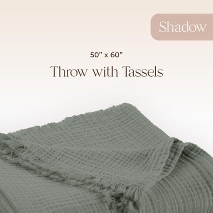 100% Cotton Organic Muslin Throw Blanket for Adults GOTS & Fairtrade Certified Organic Cotton - Couch Living Room and Bedroom Decor - 4 Layer Super Soft and Cozy (Shadow, Throw)
