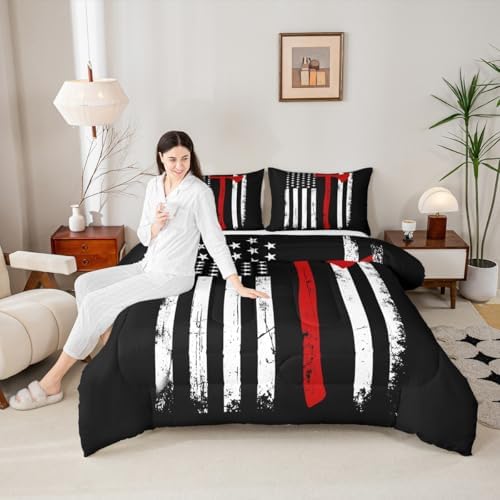 Castle Fairy Teens Firefighter Comforter Set Full Size,American Flag Bedding Set for Kids Boys Adult Bedroom Decoration,Fireman Bed Duvet Insert,Red Black White Comforter with 2 Pillowcase