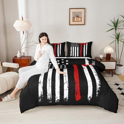 Castle Fairy Teens Firefighter Comforter Set Full Size,American Flag Bedding Set for Kids Boys Adult Bedroom Decoration,Fireman Bed Duvet Insert,Red Black White Comforter with 2 Pillowcase
