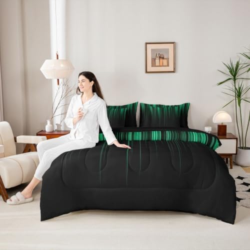 Feelyou Neon Green Black Comforter Set Queen Size 7 Pieces Geometric Bedding Set for Kids Boys Girls Ombre Bed in a Bag with Comforter, Sheets, Pillowcases, Cushion Covers Lightweight