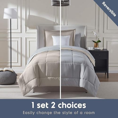 Nestl 7 Piece Twin Comforter Set – Beige Reversible Bed in a Bag – Complete Twin Size Bedding Set with Sheets, Set of 2 Cooling Pillows, Pillowcase and Sham
