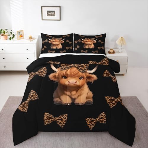 Feelyou Cartoon Highland Cow Comforter Set Queen Size Cute Leopard Bow Print Bedding Set for Kids Boys Girls Kawaii Animal Style Duvet Quilt Bedroom Decor Microfiber 3 Pcs with 2 Pillow Cases