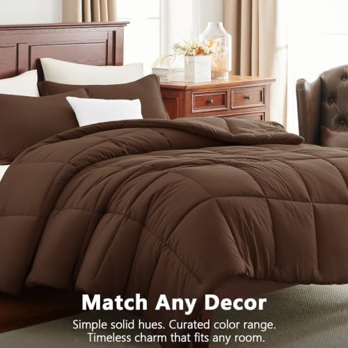 CozyLux Queen Size Comforter Set, 3-Piece Box-Stitched, Brown