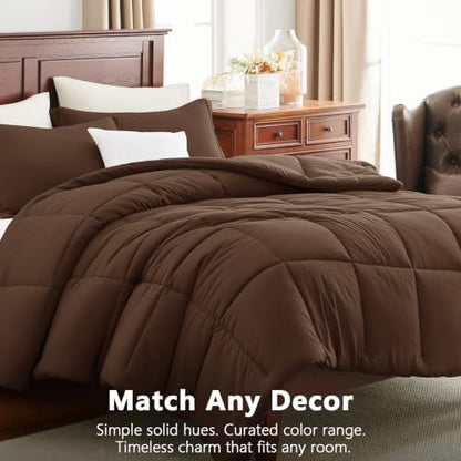 CozyLux Queen Size Comforter Set, 3-Piece Box-Stitched, Brown