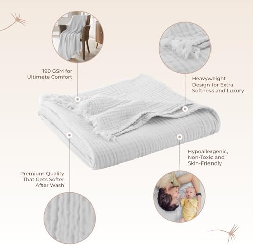 100% Cotton Organic Muslin Throw Blanket for Adults GOTS & Fairtrade Certified Organic Cotton - Couch Living Room and Bedroom Decor - 4 Layer Super Soft and Cozy (White, Twin)