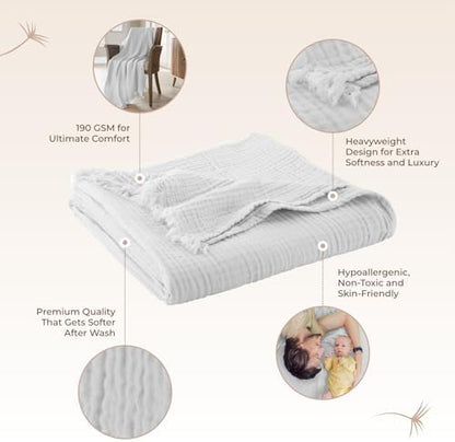 100% Cotton Organic Muslin Throw Blanket for Adults GOTS & Fairtrade Certified Organic Cotton - Couch Living Room and Bedroom Decor - 4 Layer Super Soft and Cozy (White, Twin)