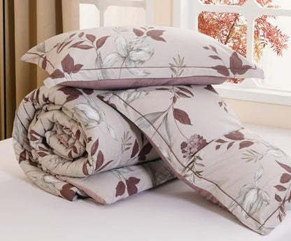 SLEEPBELLA Comforter Queen Size, 600 Thread Count Cotton Burgundy Botanical with Grey Floral Pattern Pink Reversible Comforter Set,Down Alternative Bedding Set 3Pcs(Queen, Burgundy Botanical)