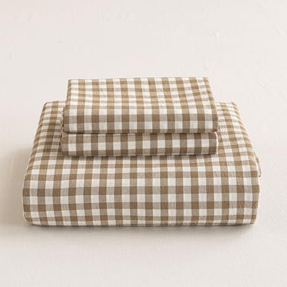 Mucalis Tan Gingham Duvet Cover King 100% Washed Cotton Beige Brown Plaid Checkered Duvet Cover Set Vintage 3 Piece Grid Bedding Set with Zipper Closure Corner Ties,Durable,Breathable,Easy Care