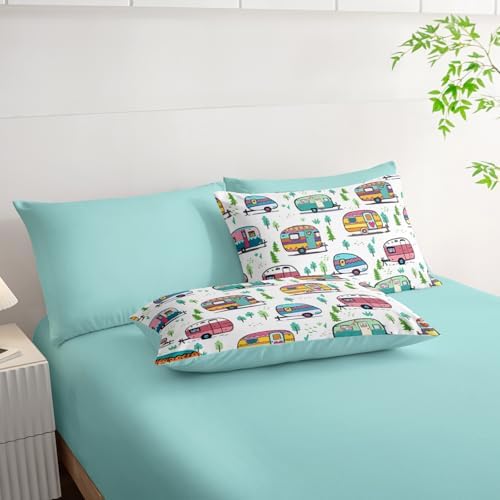 HOSIMA 7Pcs Forest Print Cartoon Camping Full Comforter Set with Sheets.