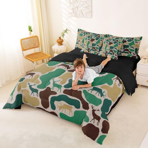 Erosebridal Deer Hunting Camo Bedding Set Twin Forset Wildlife Camouflage Comforter Set 7 Piece Beige Brown Green Camo Bed in A Bag for Kids Farmhouse Animal Quilt with Flat Fitted Sheet
