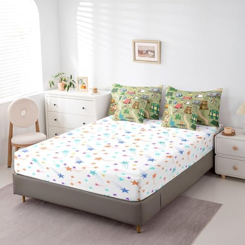 Erosebridal Camping Themed Bedding Set for Kids Teens,Cartoon Animal Comforter Set Twin Size,Camping Lover (Comforter+Fitted+Flat Sheet+2 Pillowcases+2 Throw Pillow Covers) 7 Pieces Bed Set