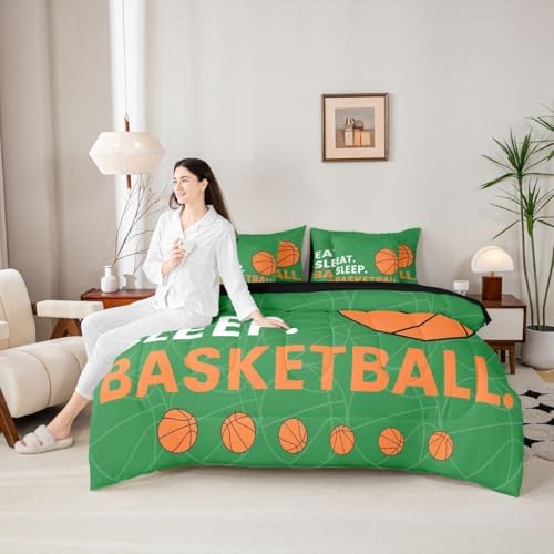 Erosebridal Orange Green Boys Basketball Comforter Set Queen Size 7 Pieces | Sports Gaming Bed in A Bag Ball Teens Men Bed Set Kids Children Bedding