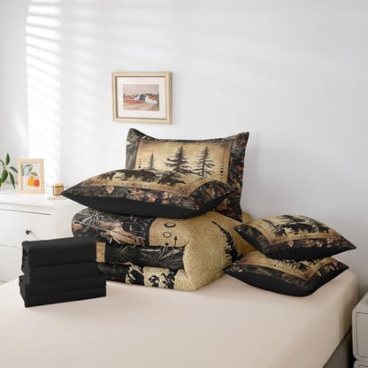 Erosebridal Tree Camo Cabin Comforter Set King 7 Piece Rustic Farmhouse Bedding Sets with Sheets Camouflage Hunting Wildlife Bear Bed in A Bag for Boys Teen Men,Woodland Pine Tree Animal Bed Set