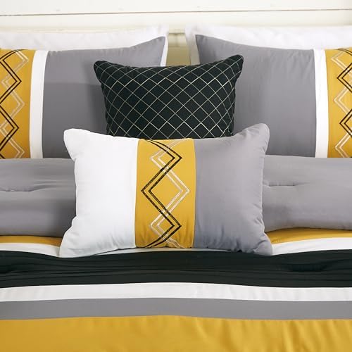 Chezmoi Collection Arden 7-Piece Modern Pleated Stripe Embroidered Zigzag Bedding Comforter Set (Queen, Turmeric/Black/Silver Gray/White)