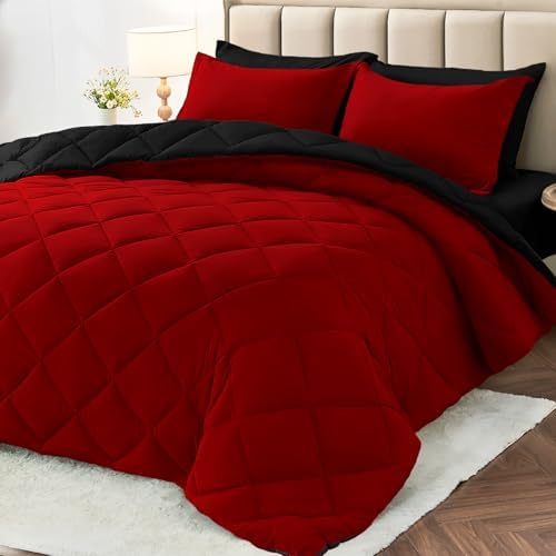 MUXHOMO 7 Pieces Oversized King Comforter Set, Reversible Bed in a Bag Oversized King Size, All Season Bedding Set with Comforter, Flat Sheet, Fitted Sheet, Pillowcases & Shams, Red & Black