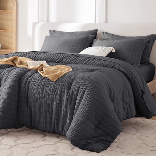 MUXHOMO 7 Pieces Oversized King Comforter Set, Seersucker Bed in a Bag Oversized King Size, All Season Luxury Bedding Set with Comforter, Flat Sheet, Fitted Sheet, Pillowcases & Shams, Dark Grey