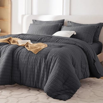 MUXHOMO 7 Pieces Oversized King Comforter Set, Seersucker Bed in a Bag Oversized King Size, All Season Luxury Bedding Set with Comforter, Flat Sheet, Fitted Sheet, Pillowcases & Shams, Dark Grey