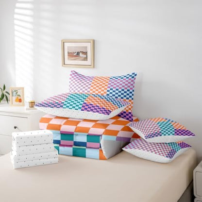 jejeloiu Teal Purple Orange Bedding Set 7Pcs King Size Kids Plaid Checkered Comforter Set with Sheets for Boys Girls Classic Grid Buffalo Check Bed in a Bag Soft Lightweight,Microfiber