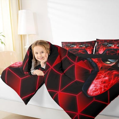 Red Kids Bedding Sets for Gamer Boys, Neon Geometric Twin Comforter Set, 3D Geometric Kids Twin Bedding Set with Flame Game Consoles Gamer Decor