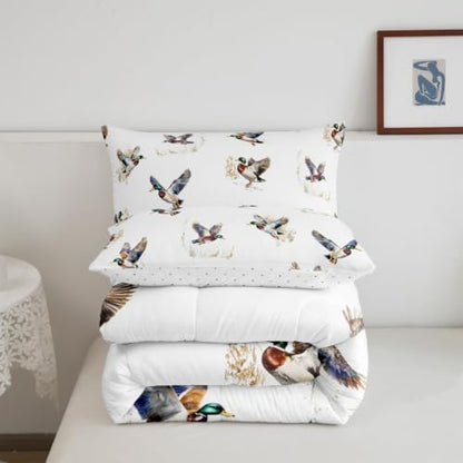 Feelyou Mallard Duck Comforter Set Queen Size Duck Hunt Bedding Set for Kids Boys Girls Wild Duck Hunting Duvet Quilt Wild Animal Bedroom Decor Microfiber 3 Pcs with 2 Pillow Cases