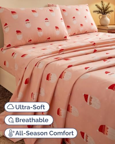 Christmas Sheet Set, Blush Santas, Holiday Xmas Bedding Set - Cal King Size
