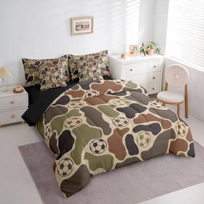 Erosebridal Soccer 7 Piece Bedding Set Full Camo Comforter Set with Sheets Camouflage Print Sports Theme Football Bed in a Bag Soccer Ball Brown Green Camo for Kids Boys Teens