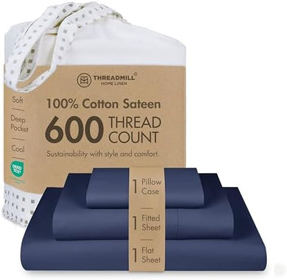Threadmill 100% Cotton Sheets for Twin XL Size Bed - 600 Thread Count Twin XL Bed Sheets Set with 15” Deep Pocket - Sateen Weave 3-Piece Bedding Set with Cooling Effect, Folkstone Blue
