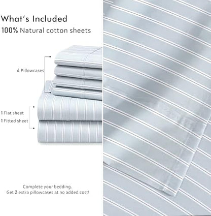RUVANTI 100% Cotton Queen Sheets, Percale Queen Sheet Set, Horizon Stripes