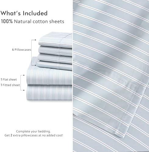 RUVANTI 100% Cotton Percale King Sheets, Crisp and Soft, Horizon Stripes
