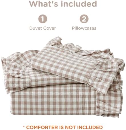 ATsense Gingham Ruffle Duvet Cover Set Cotton Like Linen, Oversized Queen